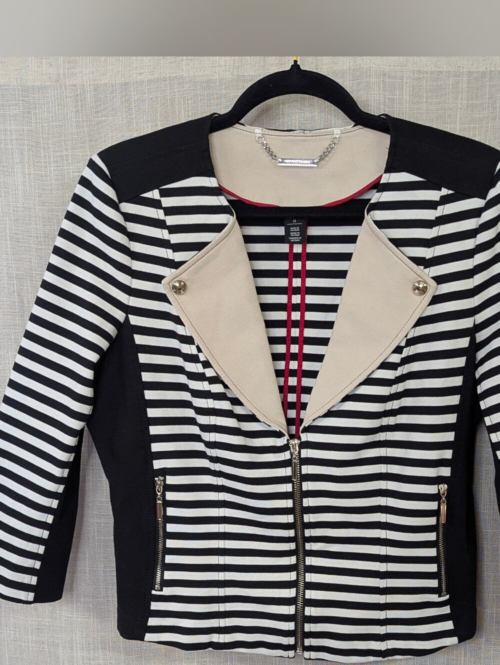 White House Black Market Striped Moto Jacket Cream Lapel SZ 14